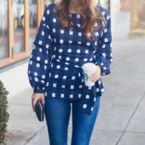 Banana Republic silky tie waist navy gingham blouse. Ladies size S